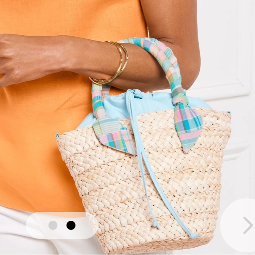 Talbots MADRAS SCARF HANDLE STRAW TOTE, spring Straw Purse, corn blue purse - Picture 2 of 6